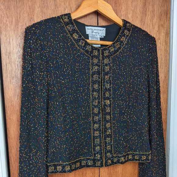 Vintage 90s Black & Multi Color Heavily Beaded Evening Jacket - Picture 7 of 10